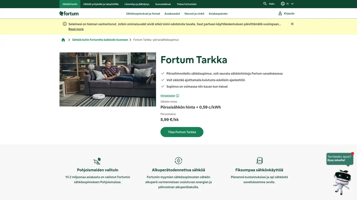 Fortum Tarkan virallinen tuotesivu kuvakaappauksena