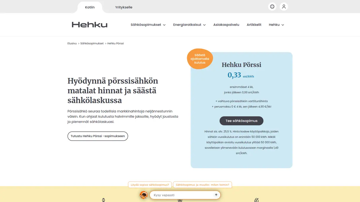Hehku Pörssin virallinen tuotesivu kuvakaappauksena