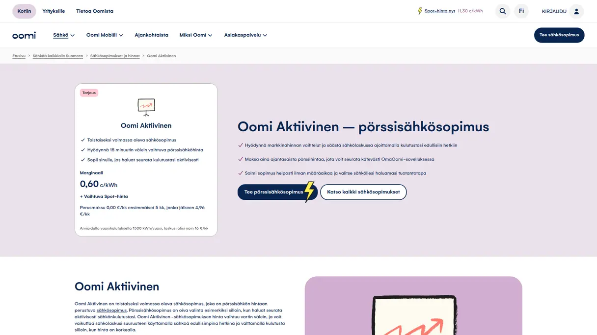 Oomi Aktiivisen virallinen tuotesivu kuvakaappauksena